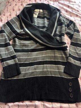 Extra Touch Black & Gray Striped Cowl Sweater